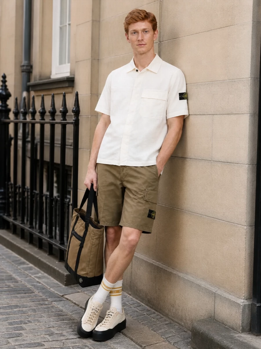 Stone island cargo shorts off white shirt outfit
