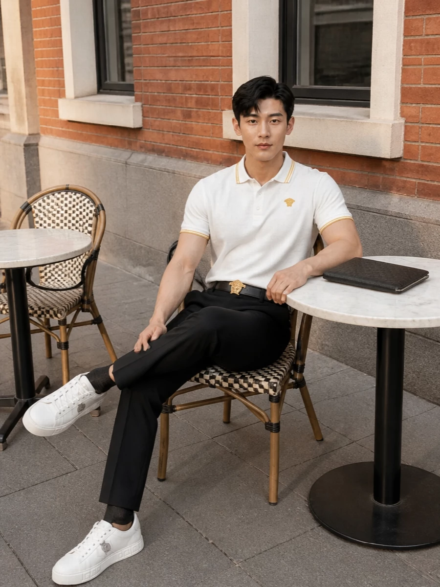 A crisp white and gold Versace polo is grounded with architectural black tailoring for a quietly confident take on smart casual. Clean off-white sneakers and a slim black portfolio keep the lines modern and practical, while a Medusa belt adds a precise flash of house identity. It is an easy city uniform that reads polished without feeling over-styled.