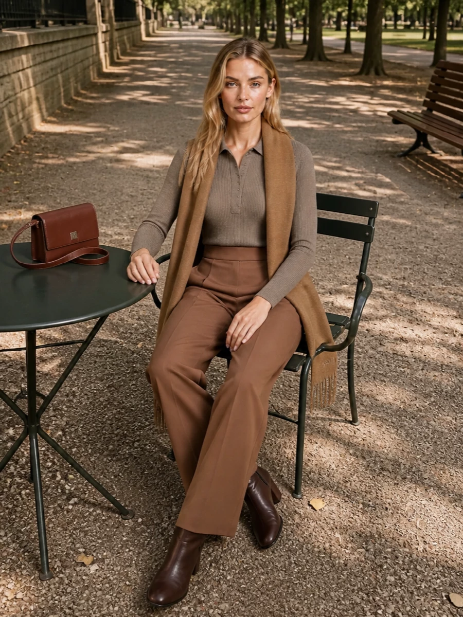 Max mara taupe polo camel wide leg trousers outfit