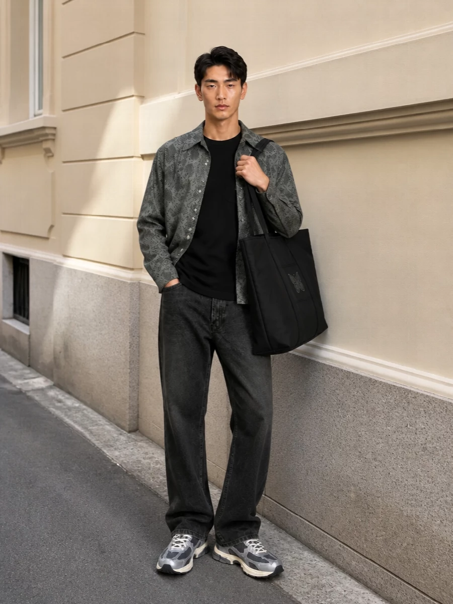 Needles snakeskin shirt jacket charcoal jeans sneakers