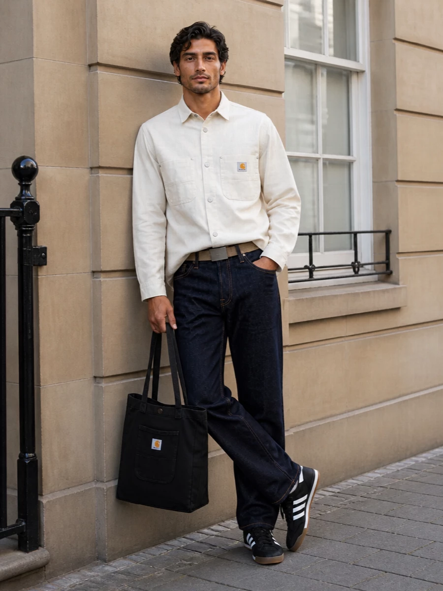 Carhartt raw denim stone shirt adidas sneakers