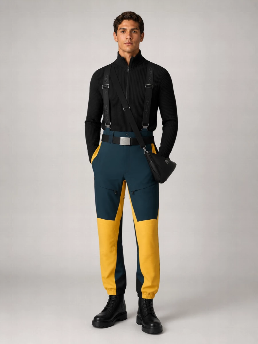 Technical mountain trousers meet a sculpted black half zip for a clean, performance-driven streetwear ensemble. Dior combat boots ground the high-rise silhouette with solid traction and discreet luxury. A streamlined Prada crossbody and web belt finish the kit with precise, utilitarian detailing that feels ready for both city and altitude.