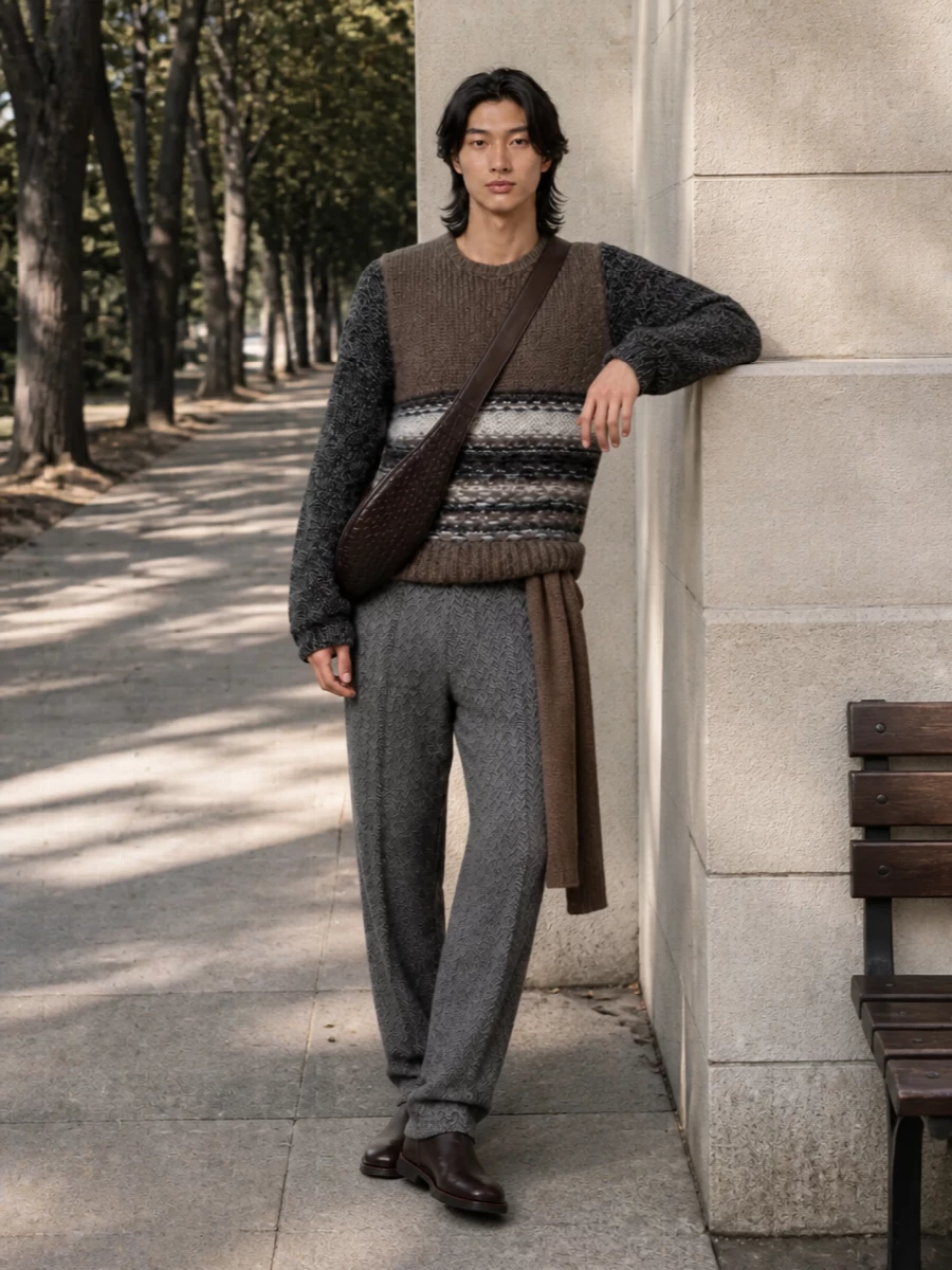 A textured brown-and-charcoal knit sits over relaxed herringbone trousers for a quietly precise take on city casual. Sleek dark brown boots keep the line sharp, while the chocolate sling bag and tonal scarf thread the earthy palette through every detail. The result feels artisanal and grounded, ideal for cold-season days when you want ease with intention.