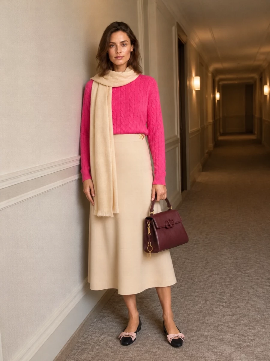 A saturated pink cable knit is calmed with a high-waisted beige midi, creating a poised column of color that still feels warm and approachable. Navy flats and a structured burgundy bag add depth and polish, keeping the mood preppy and discreetly luxurious. The buttercream scarf ties the neutrals together, so the pink reads intentional rather than loud.