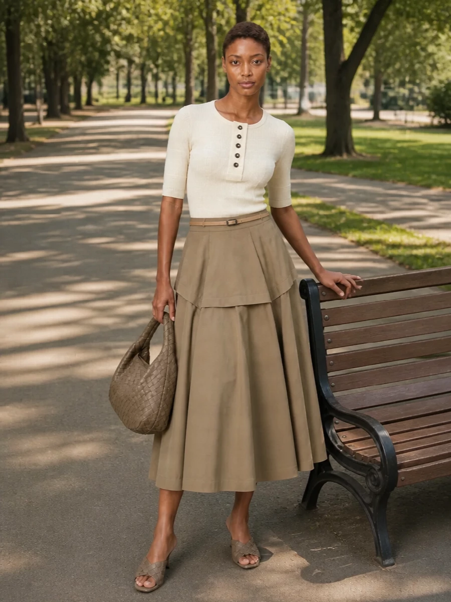 Bottega veneta taupe midi skirt woven heels outfit