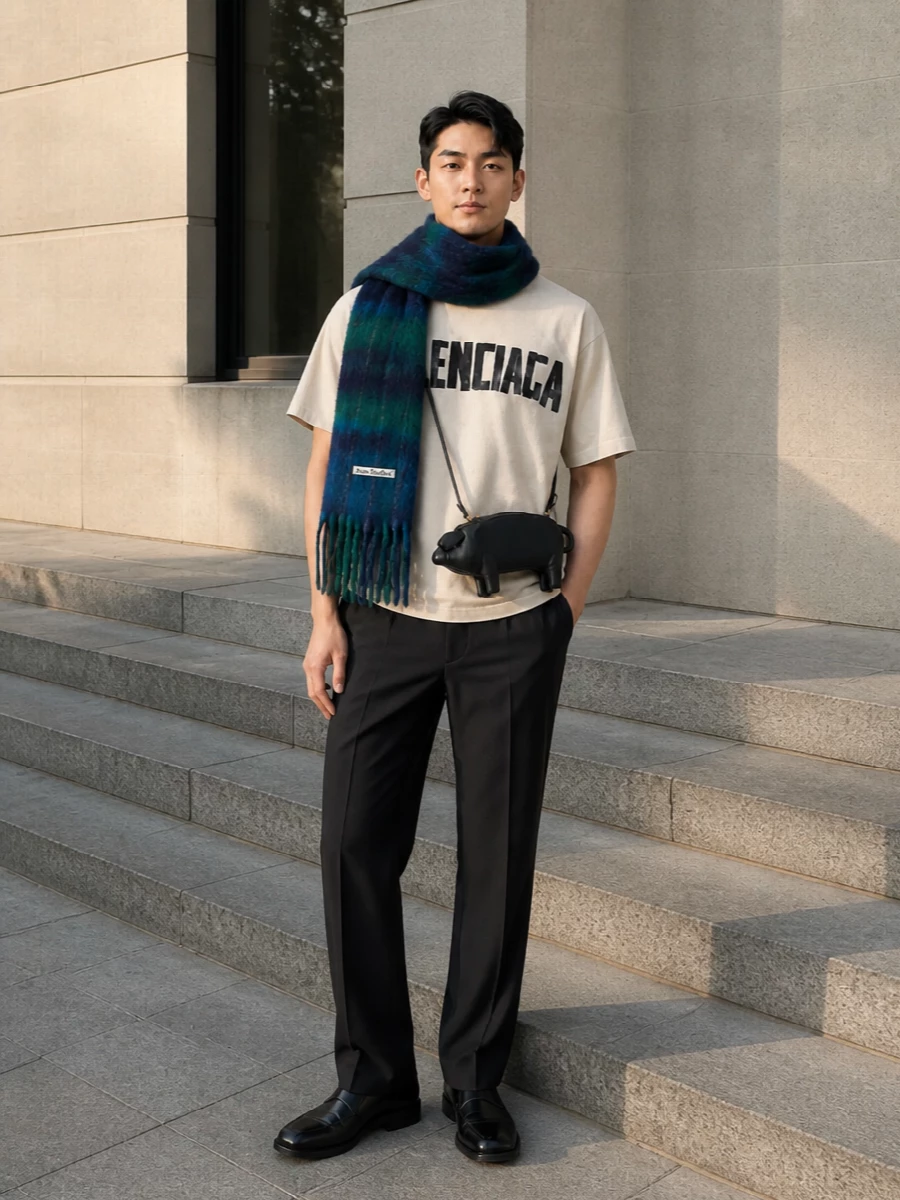 Balenciaga’s graphic cream tee sits at the center, with Thom Browne’s sculptural mini bag injecting a smart, surreal twist into the streetwear mood. The moody blue and green Acne Studios scarf pulls in depth and texture, so the whole outfit feels considered rather than ironic, ready for city nights in layered tailoring or loose denim.