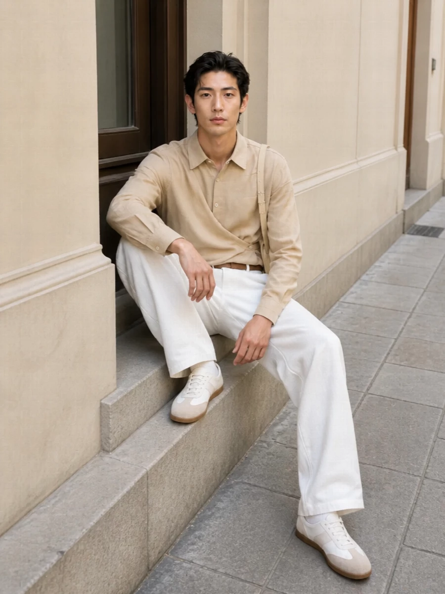 Lemaire sand shirt off white wide leg trousers