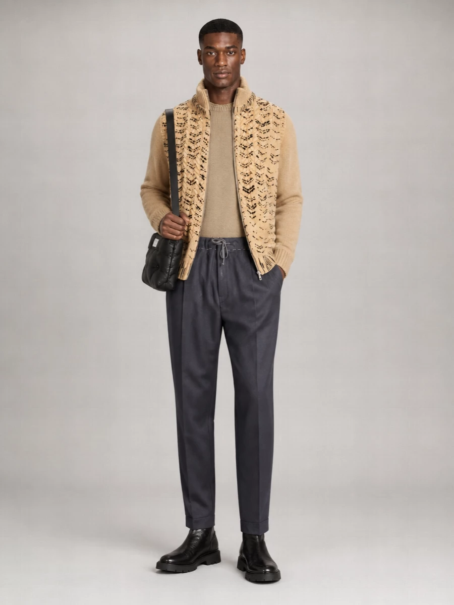 Maison Margiela Virgin Wool Ribbed High Neck Openwork Knit Zip Jacket