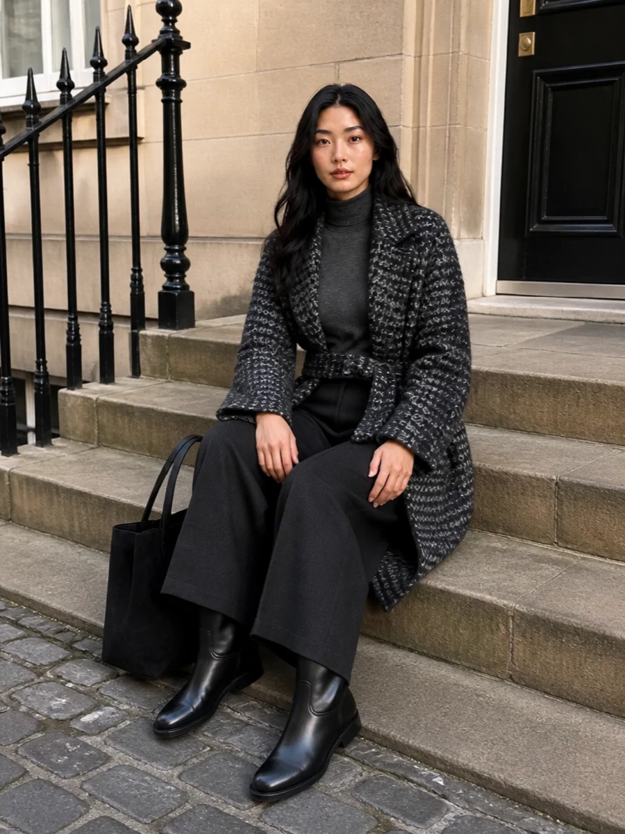 Brunello cucinelli grey coat wide leg trousers