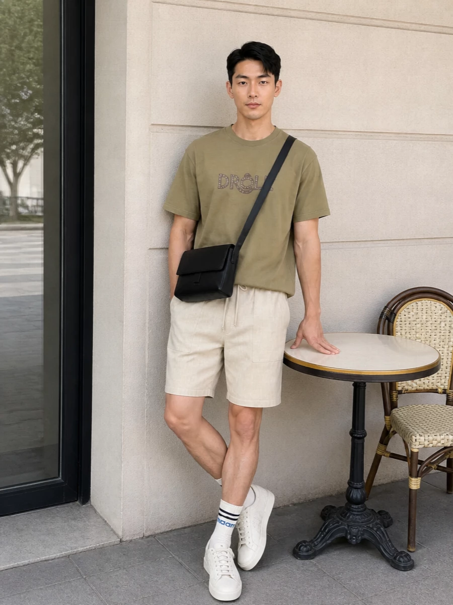 Drole de monsieur khaki tee beige shorts sneakers