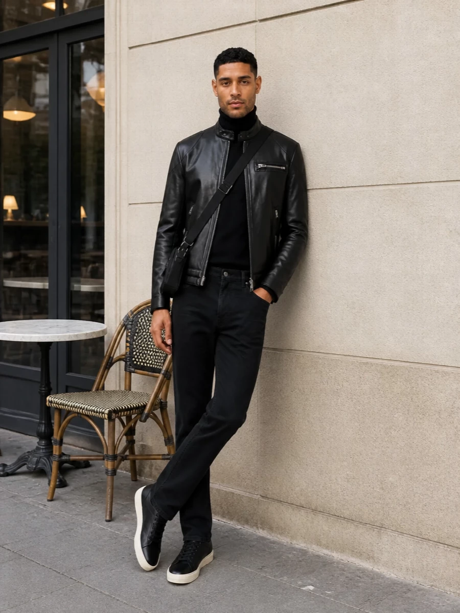 Tom ford leather jacket black turtleneck outfit
