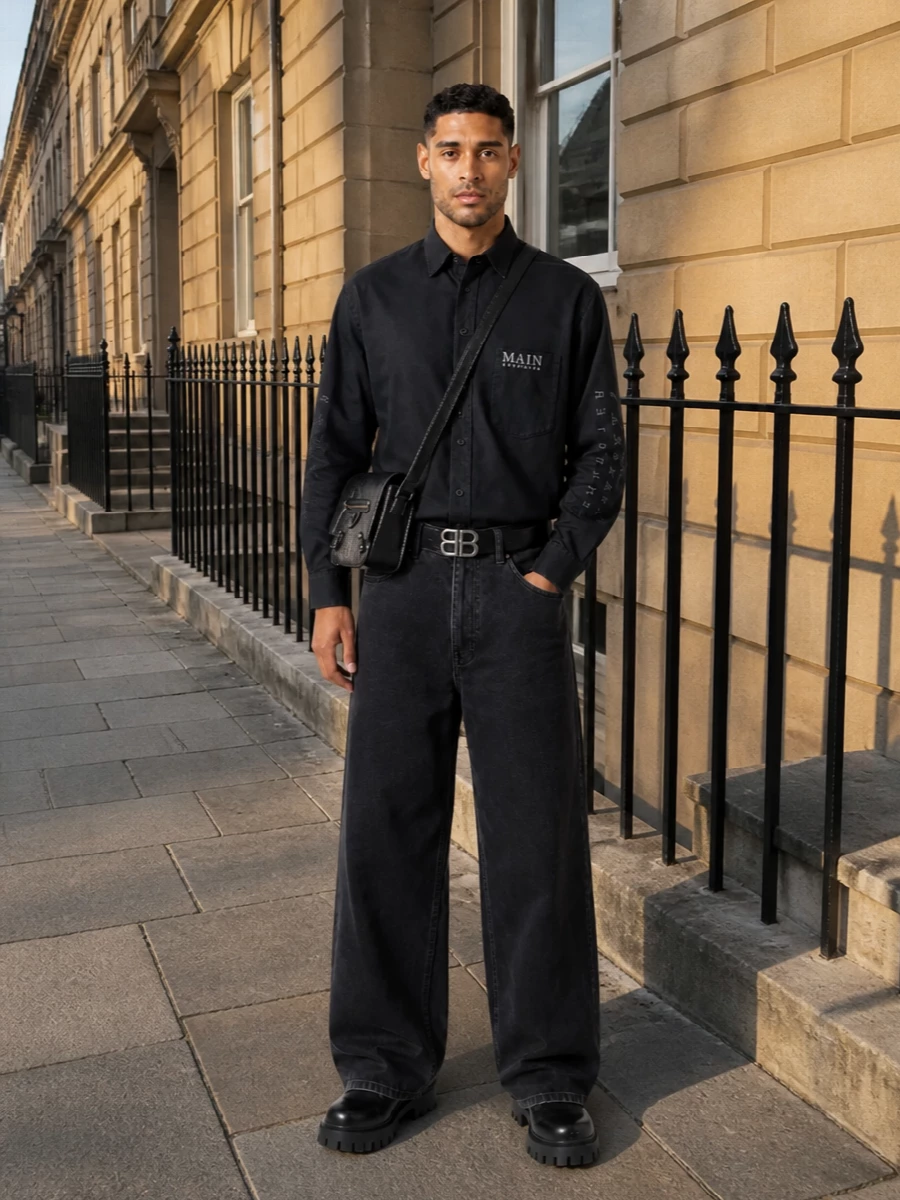Washed black volume on the bottom is cinched with a sharp BB belt and grounded by lugged combat boots, giving the silhouette real intention. Up top, the longline Main Character shirt extends the dark column, its subtle embroidery reading like a low-key graphic layer rather than classic tailoring. The crinkled leather crossbody finishes everything with a lived-in, urban texture that keeps the whole outfit squarely in Balenciaga’s modern street universe.