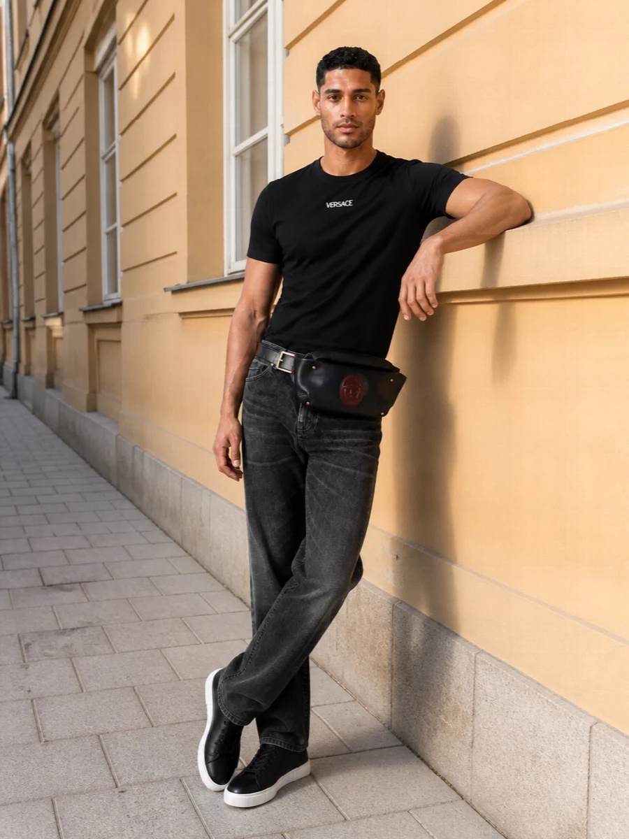 Versace black jeans logo tee sneakers