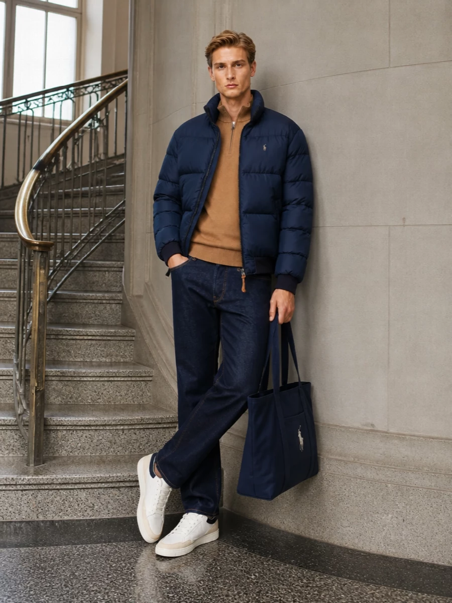 Polo ralph lauren navy puffer camel half zip jeans