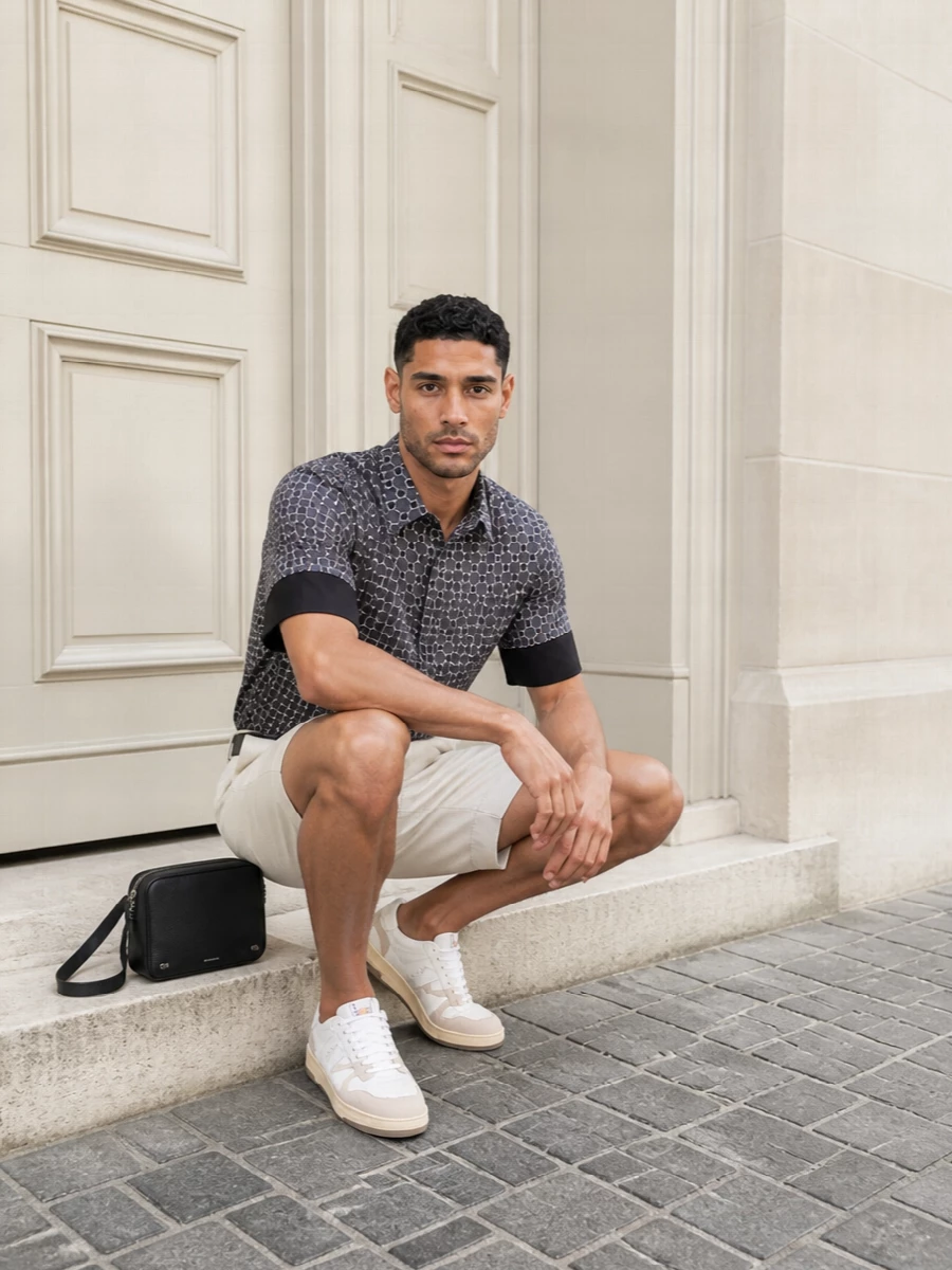 Lanvin geometric shirt cream tailored shorts outfit