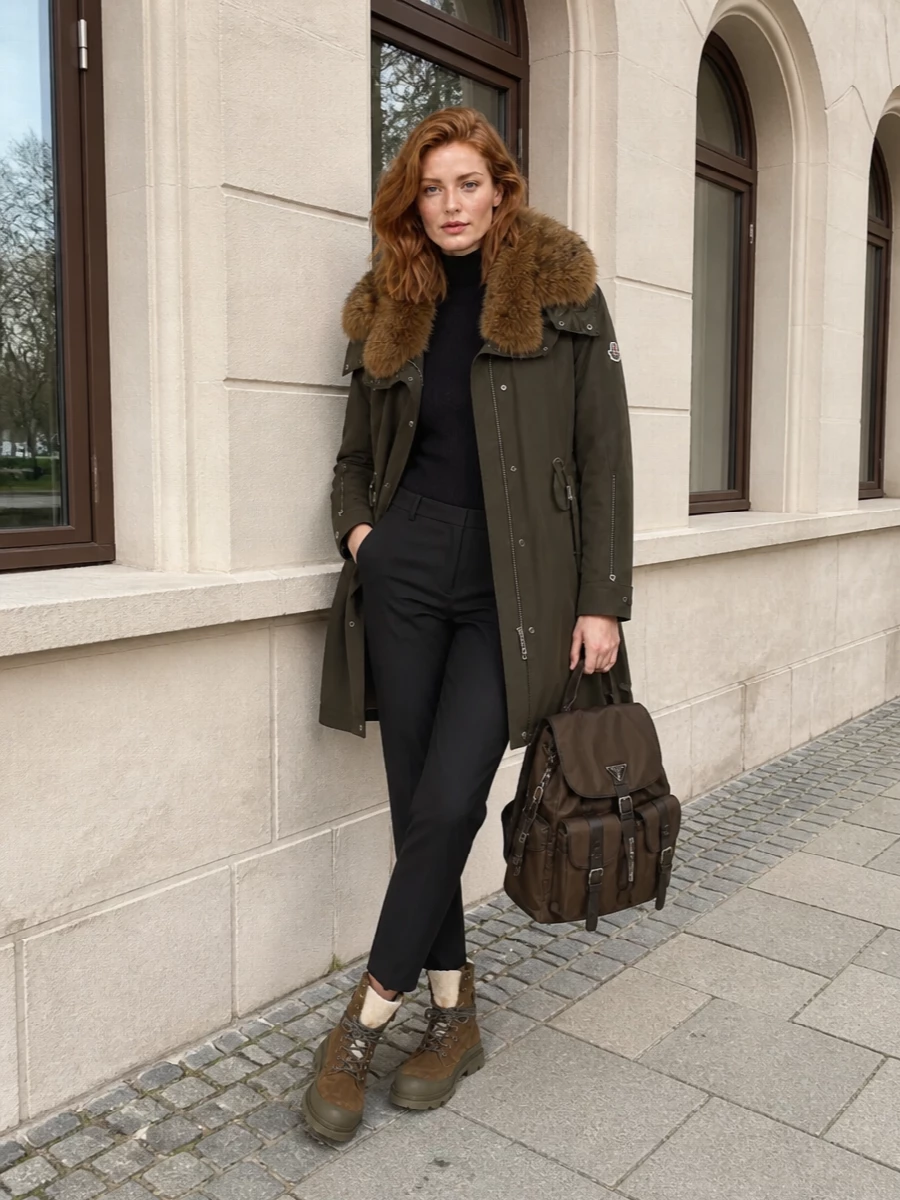 Moncler parka black trousers hiking boots