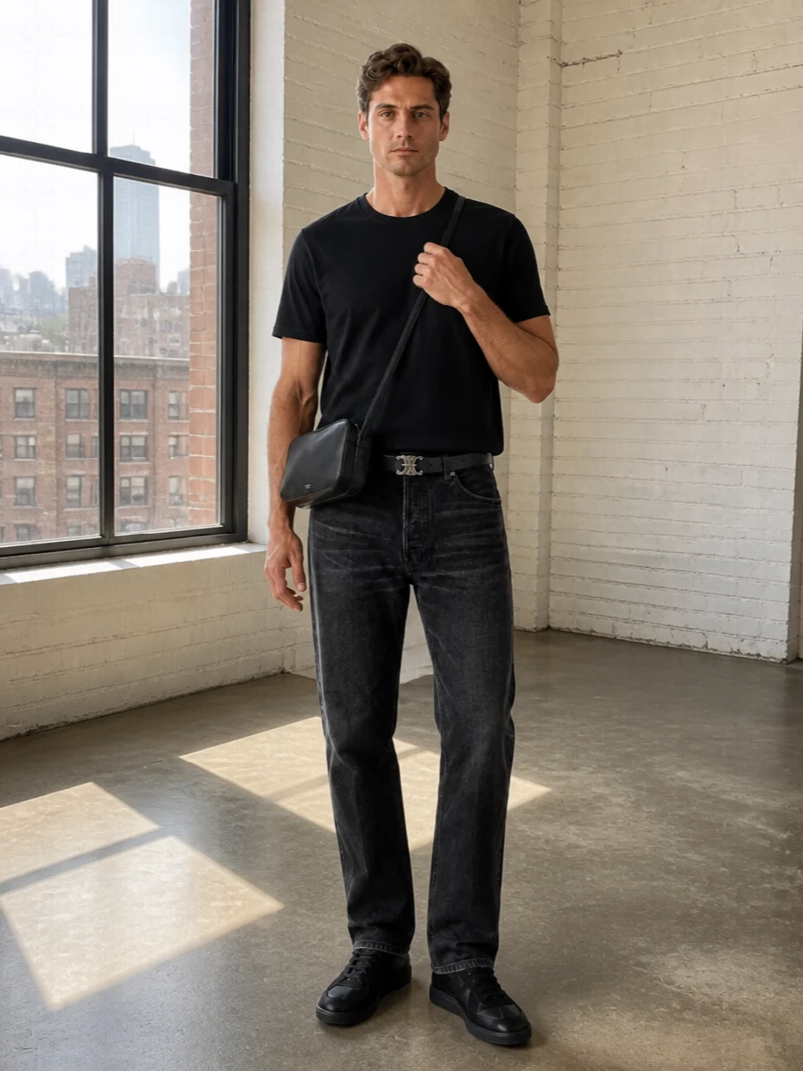 Celine black tee dark jeans black sneakers