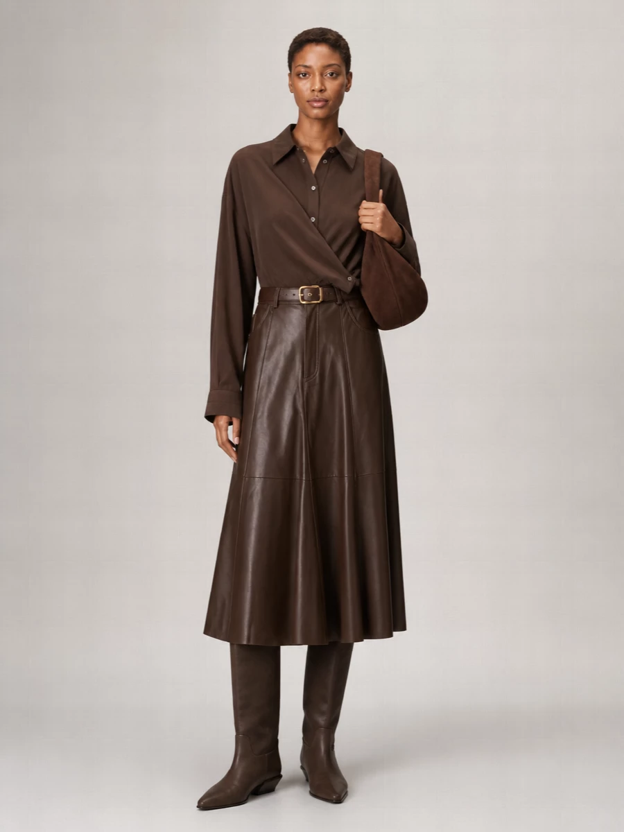 Haikure Lamb Leather A-Line Skirt