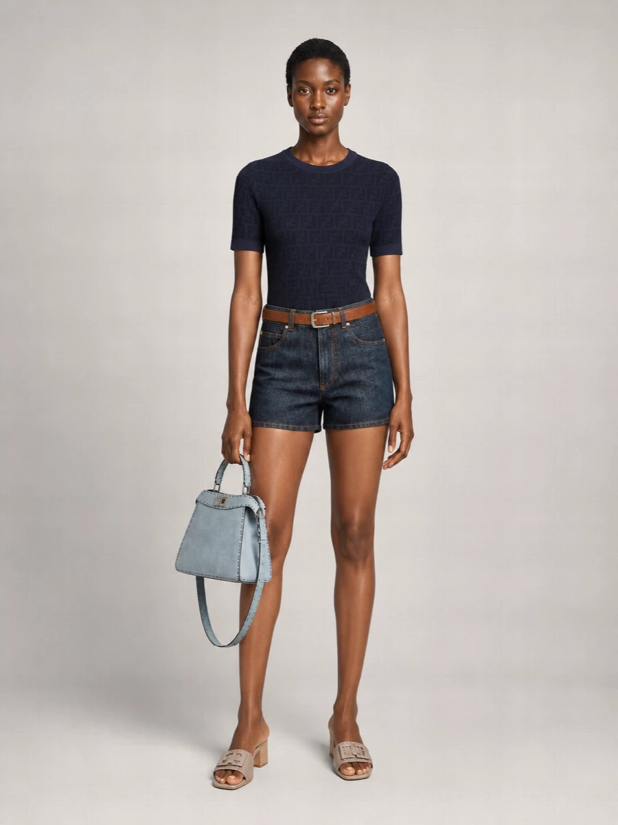 Fendi Denim Flared Quilted Logo-Detail Short Shorts