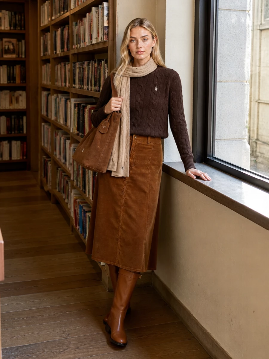 Ralph lauren cable sweater corduroy skirt outfit