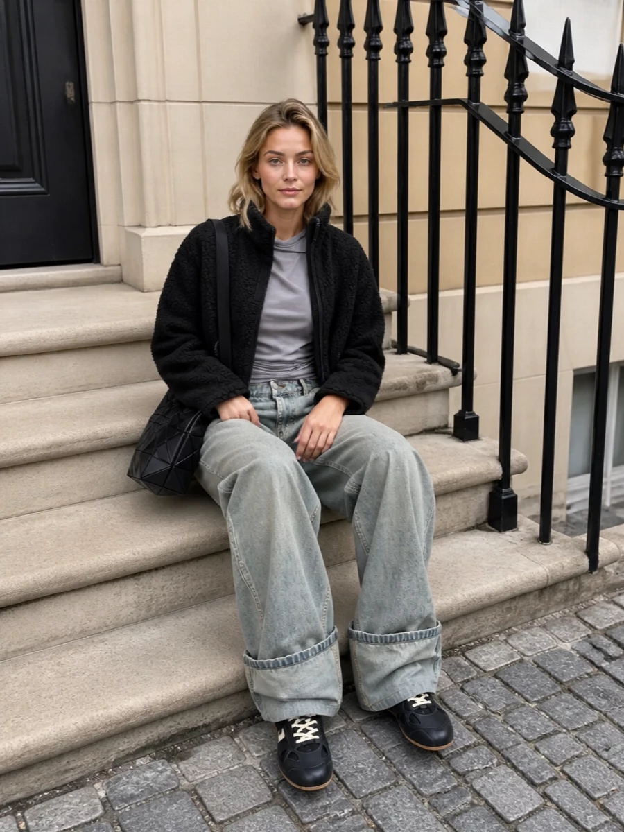 Entire studios bomber wide leg jeans sneakers