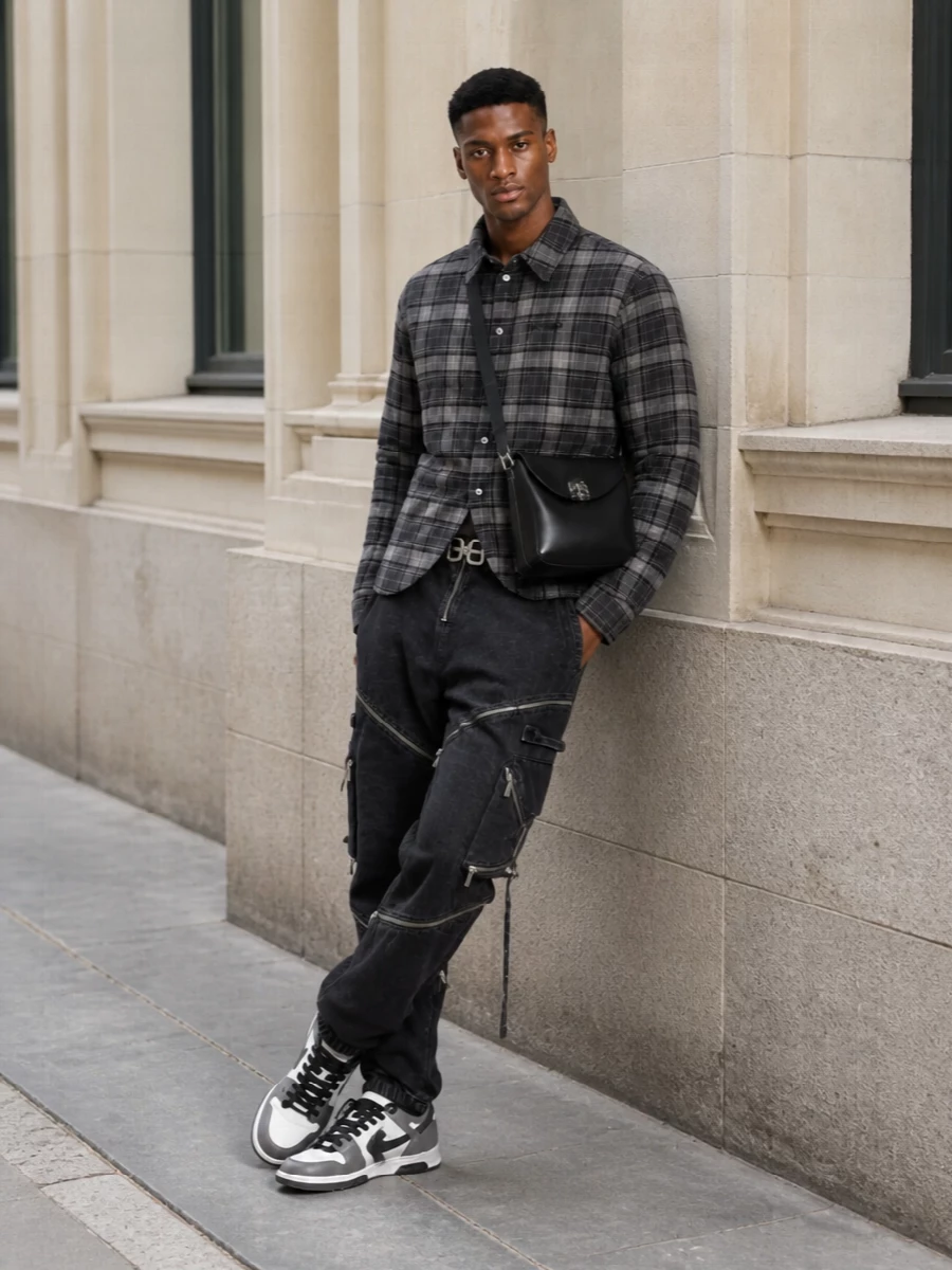 Off white plaid overshirt cargo pants outfit