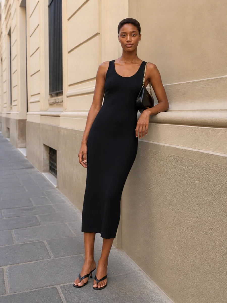A black fitted midi dress and the glossy crescent shoulder bag create a clean, elongated line with a subtle Y2K edge. Sculpted kitten-heel thong mules keep it light and modern, letting the gold hardware read as the only highlight. Choosing the dress path over separates keeps the story minimal and focused on a single, confident silhouette for summer nights out.
