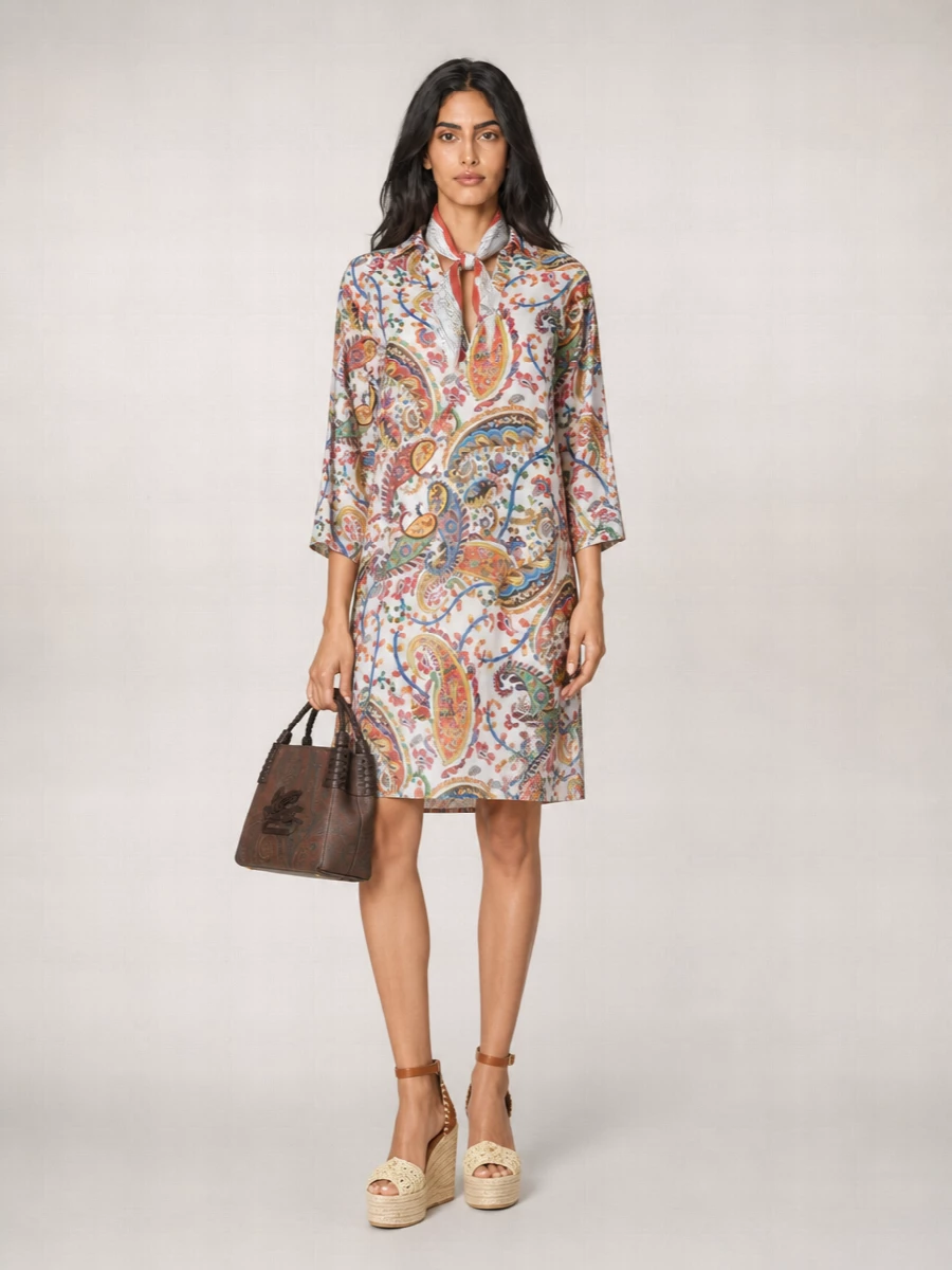 Etro Cotton Silk Paisley-Print V-Neck Long-Sleeve Knee-Length Dress