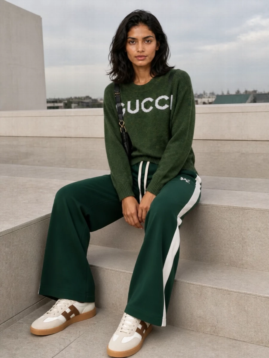 Gucci’s green logo knit meets Palm Angels’ striped track pant for a graphic, campus-inflected street set that feels distinctly luxe. Neutral Hogan sneakers keep it low-key from the ankle down, while the black Givenchy shoulder bag adds a sharp, city polish without distracting from the rich green story.
