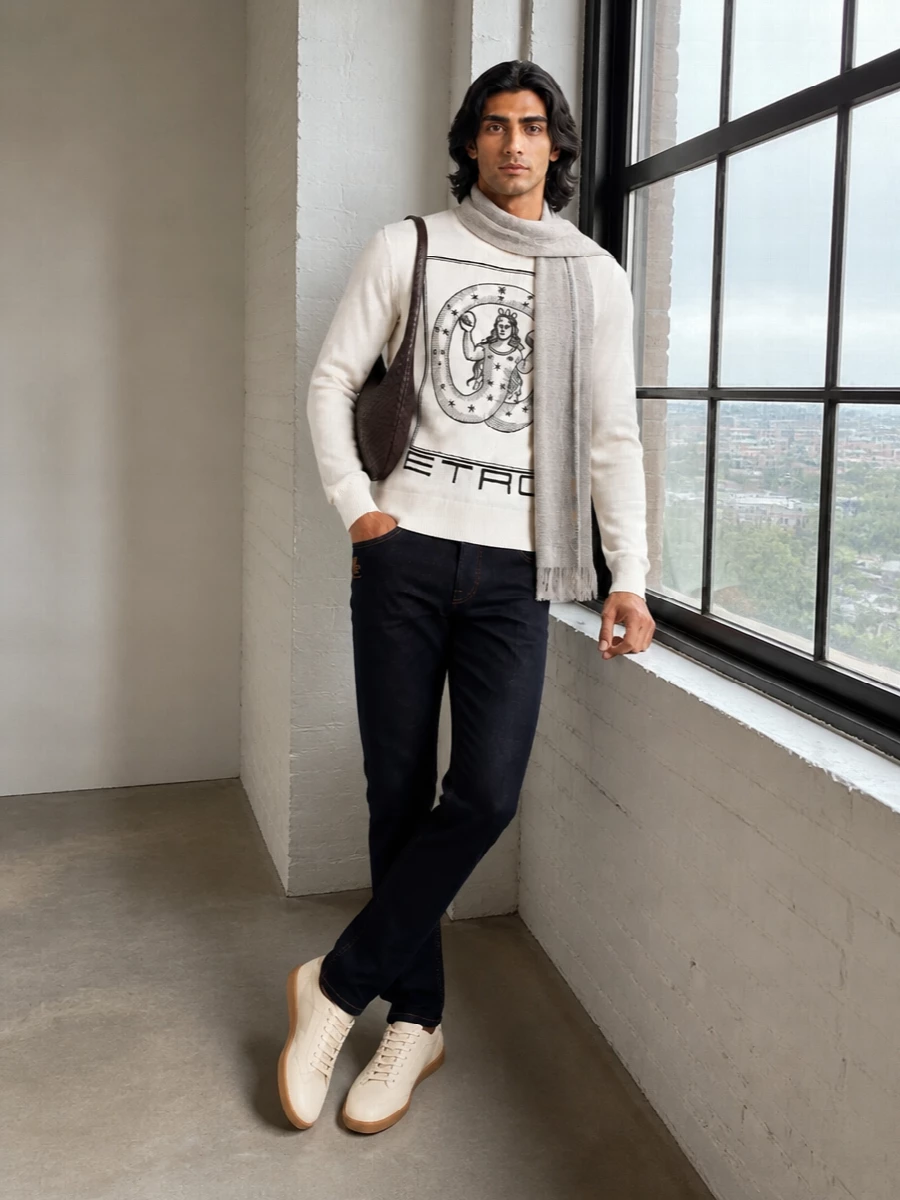 Etro sweater dark jeans cream zegna sneakers