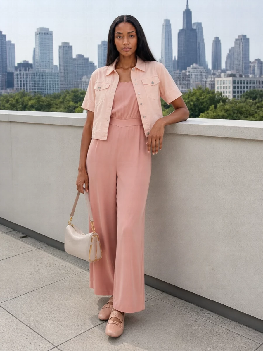 I am anchoring this with the blush jumpsuit rather than separates, so the short-sleeve S Max Mara jacket can act as a light, tailored top layer over a fluid monochrome base. The wide leg and high waist balance the cropped jacket, while rose nude Margiela flats and a cream shoulder bag keep everything soft, modern and city-ready. It is an easy warm-weather outfit for days that might finish on a terrace rather than at a desk.
