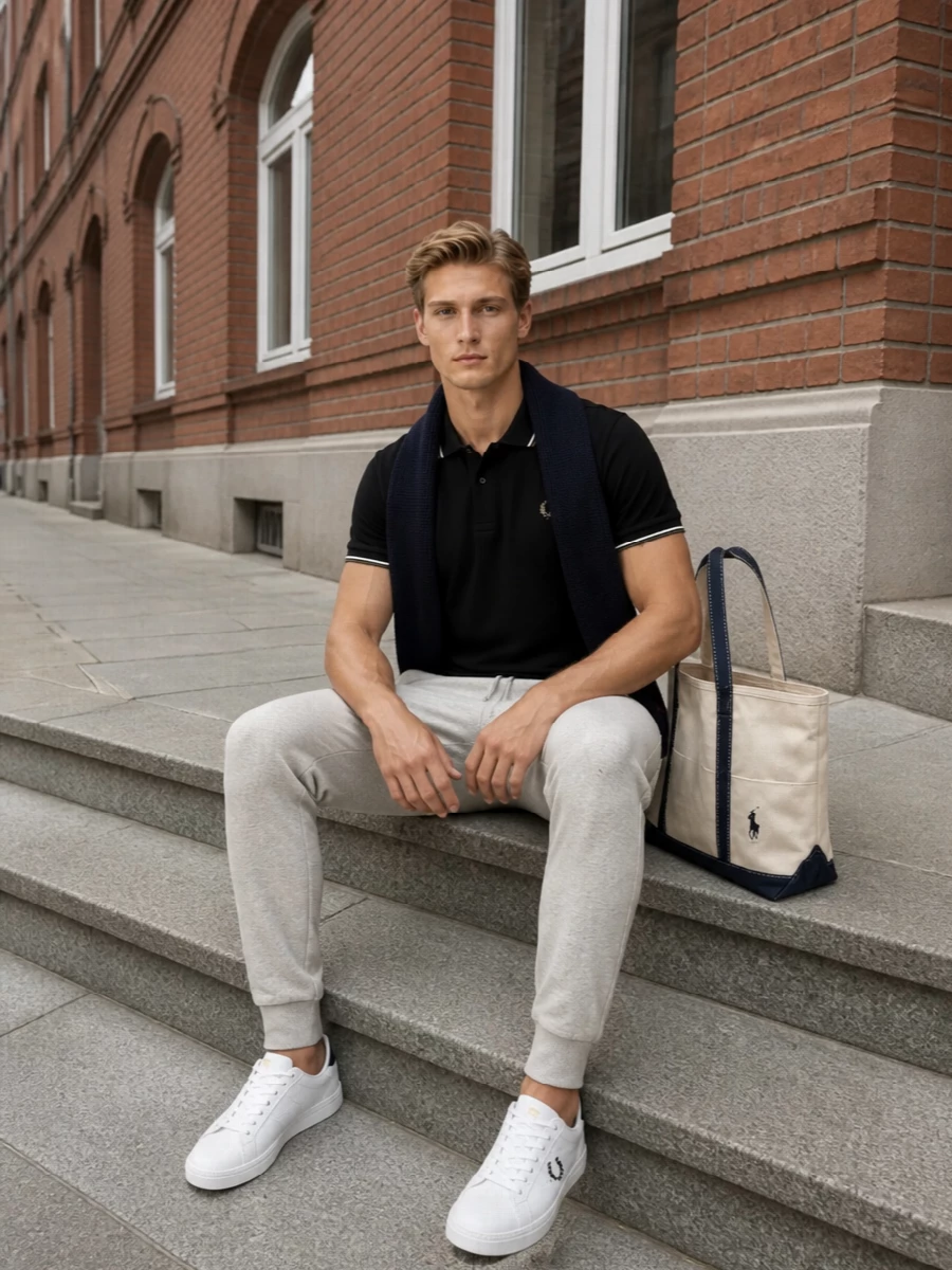 Fred perry polo grey joggers white sneakers