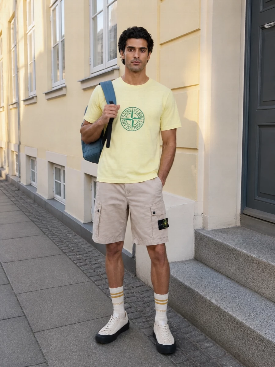 Stone island pale yellow tee cargo shorts outfit