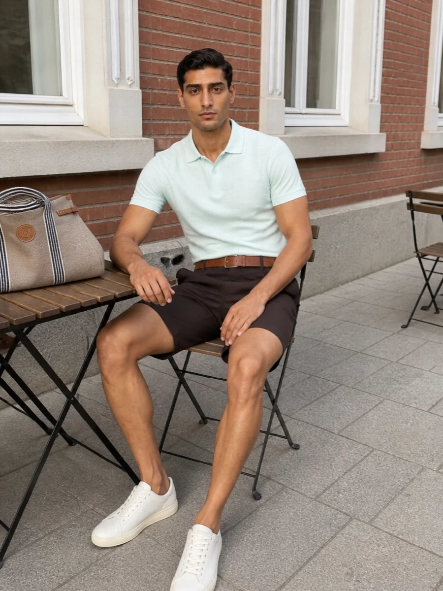 Pale mint piqué against dark chocolate tailoring creates a calm, precise color contrast that feels effortlessly composed for warm days in the city or by the coast. Ivory leather sneakers keep the mood relaxed yet refined, while the tan-suede belt and canvas tote echo sun-warmed neutrals for a subtle Riviera-preppy finish.