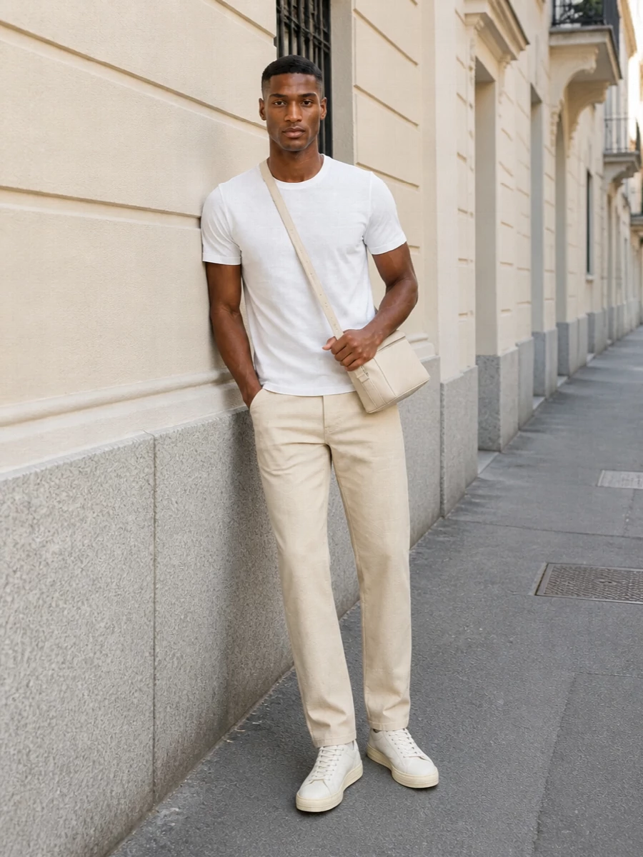 A soft white tee meets light‑beige tailoring for a calm, tonal take on warm‑weather dressing. The straight trouser keeps the line clean and relaxed, while ivory sneakers and a cream crossbody stay within the same gentle palette so nothing fights for attention. The result is understated, modern and quietly precise from brunch to late city evenings.