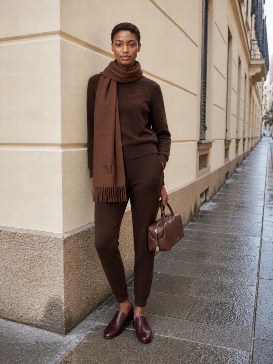 S max mara brown joggers chocolate sweater outfit