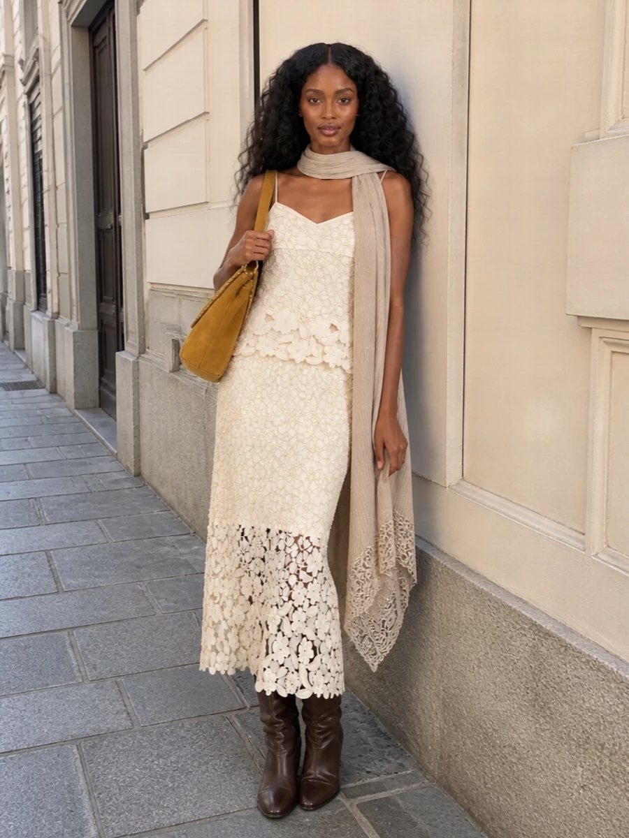 Isabel marant ivory lace skirt brown boots outfit