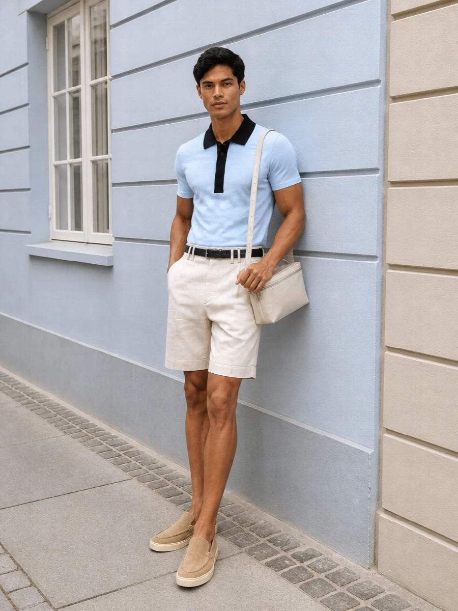 Lanvin blue polo cream tailored shorts outfit