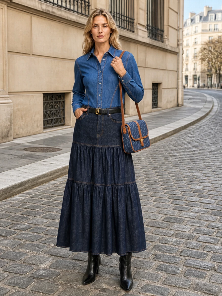 Saint laurent denim maxi skirt outfit boots