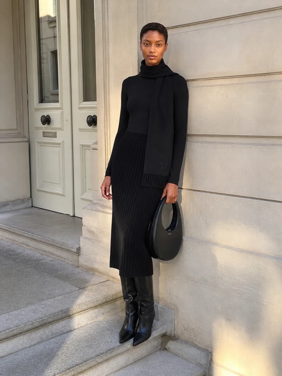 Wolford black top ribbed midi skirt outfit