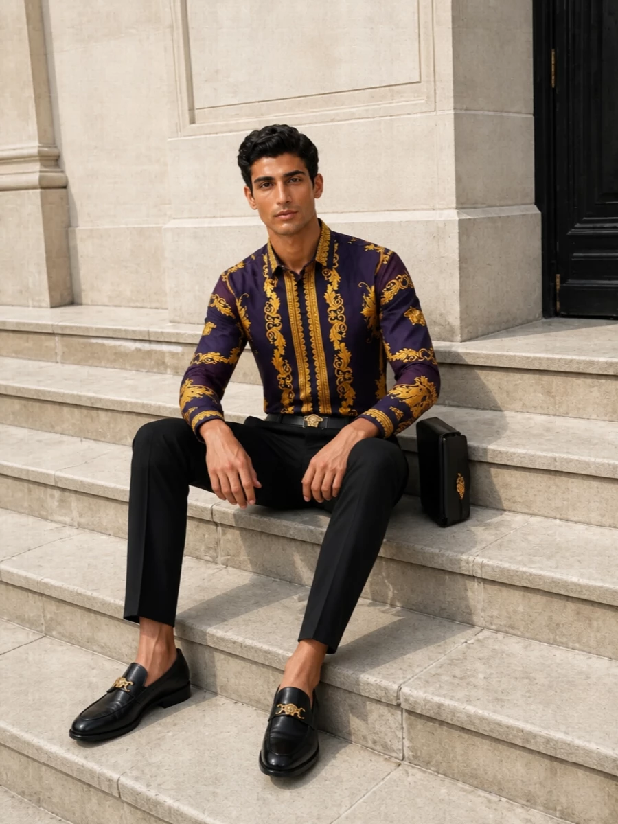Versace baroque shirt black tailored trousers