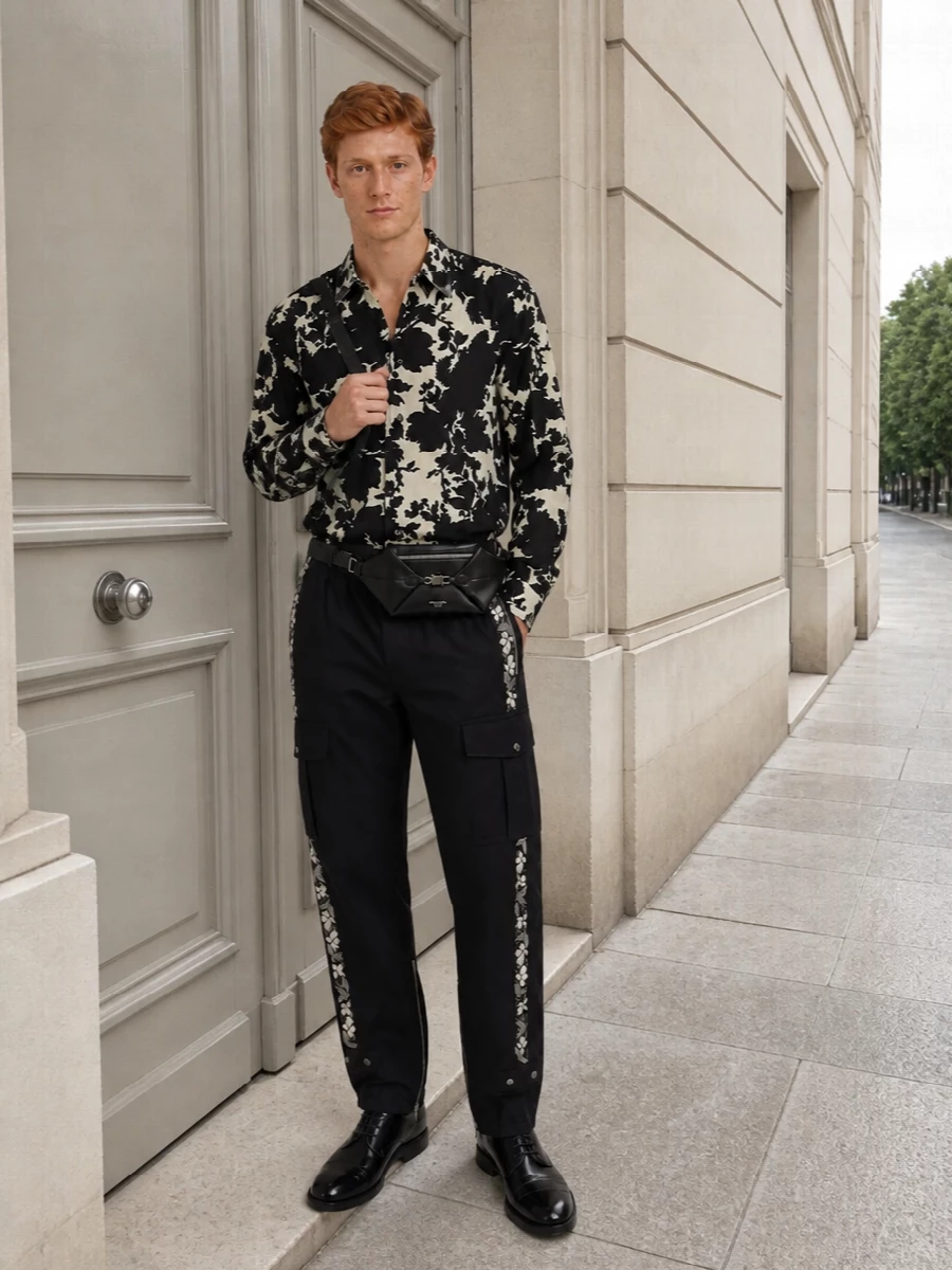 Dries van noten floral cargo pants black shirt