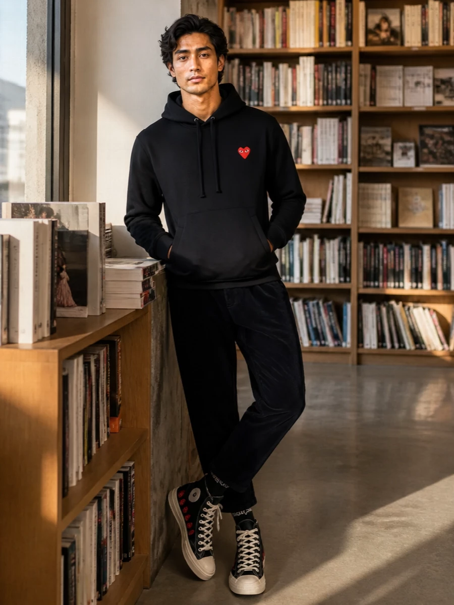 A clean black-on-black base lets the red heart hits do the talking, with textured corduroy grounding the hoodie in something more considered than pure sport. Matching CDG hi-tops and logo socks create an intentional, graphic line from cuff to pavement. The flat zip pouch finishes it with a subtle, polished edge that still feels firmly rooted in streetwear.