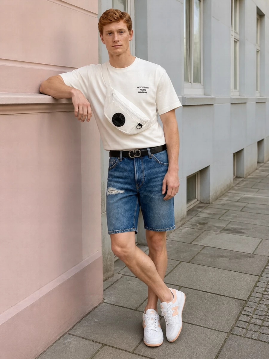 A boxy off-white tee tops the distressed denim shorts for a clean, easy streetwear base that feels relaxed but considered. White court sneakers keep the lines sporty and light, with soft peach hits adding just enough color. A compact off-white belt bag and a discreet black leather belt pull everything together for weekends in the city or travel days where comfort and sharpness need to coexist.