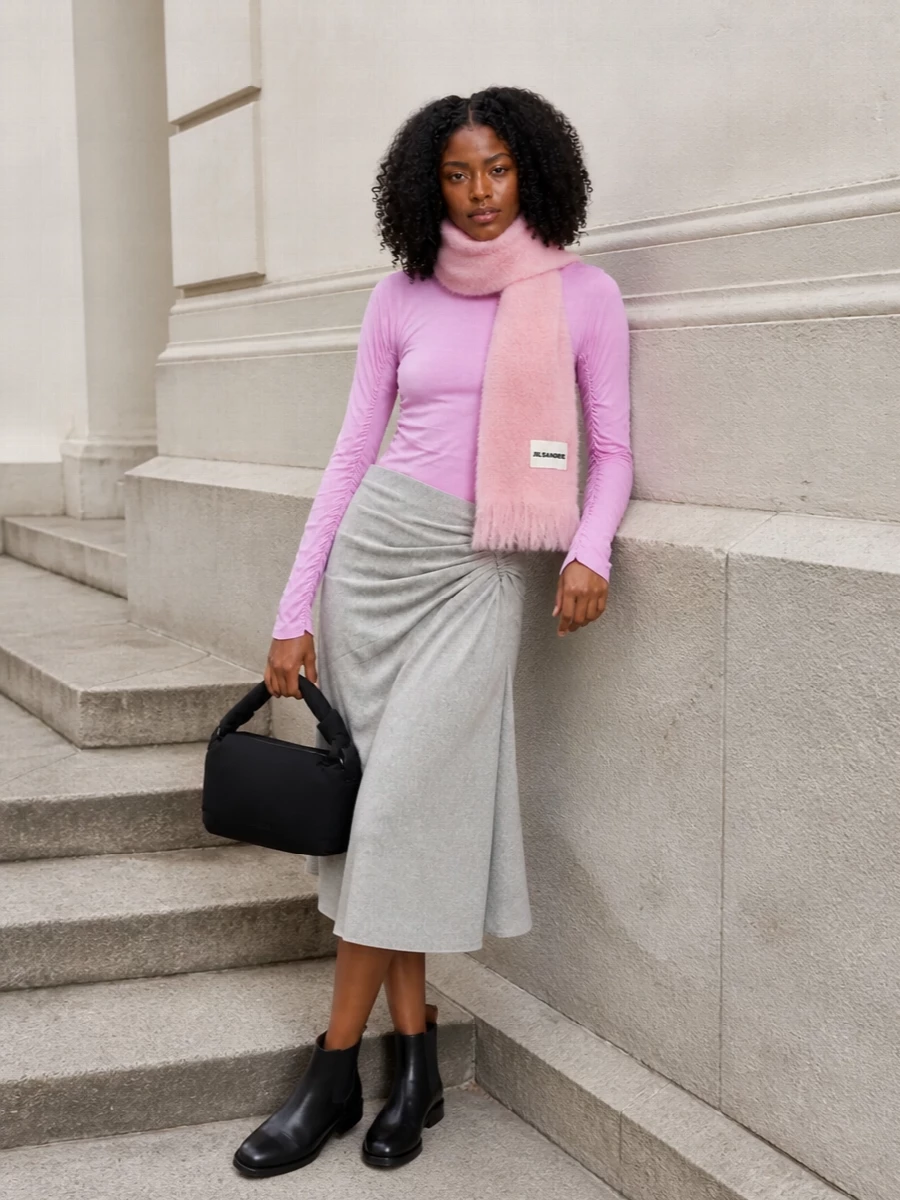 Jw anderson pink ruched top grey midi outfit