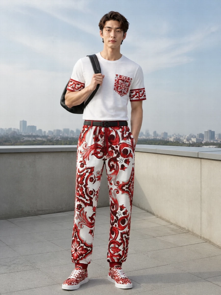 Dolce gabbana red baroque pants tee sneakers