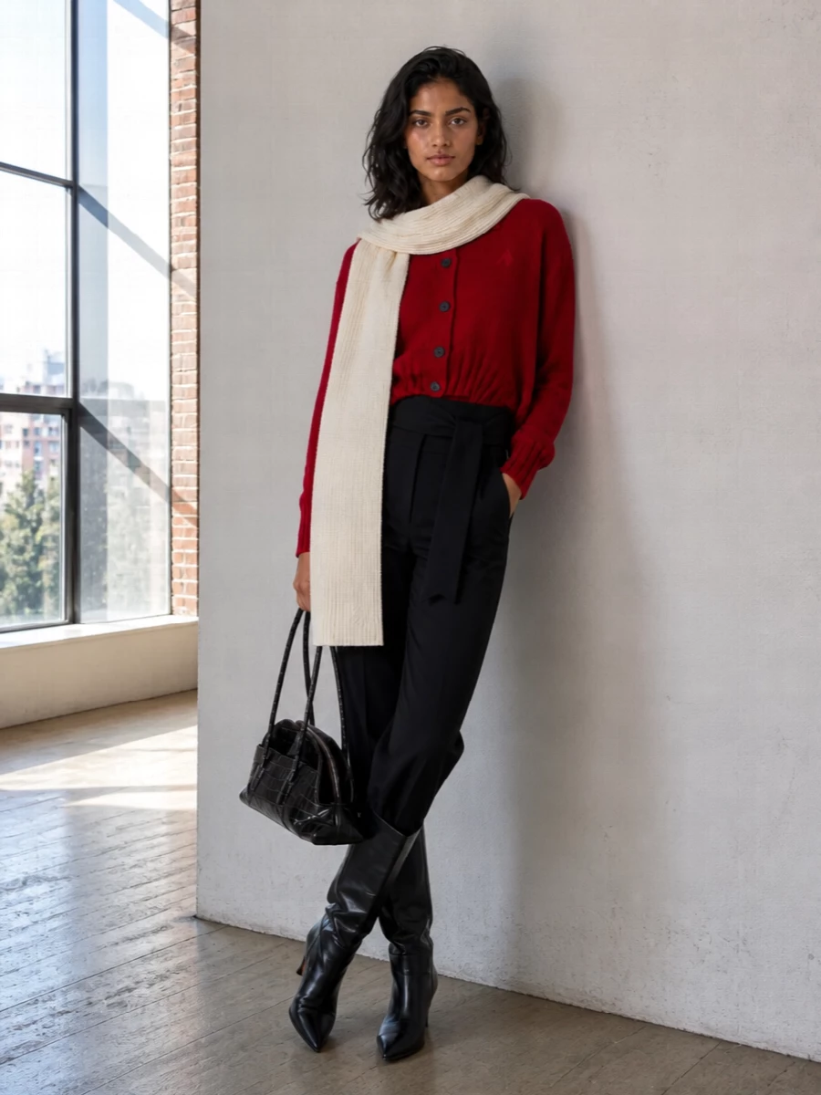 The sculpted red Attico cardigan sits on a sharply belted black trouser, with a clean front that lets the ombré knit do the talking. A precise black knee boot and croc-embossed top-handle bag carry the same disciplined attitude, while the ivory scarf brings just enough light to frame the face without diluting the saturated reds. It is street-led polish that feels ready for late lunches that turn into night plans.
