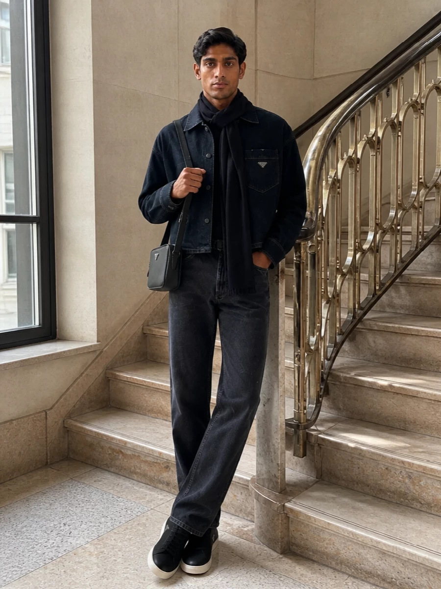 Prada mens dark denim jacket black jeans outfit
