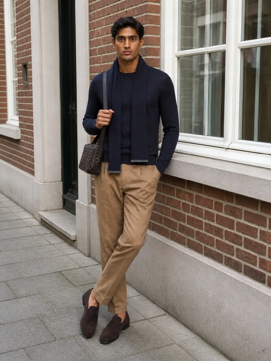 Etro navy sweater camel trousers loafers