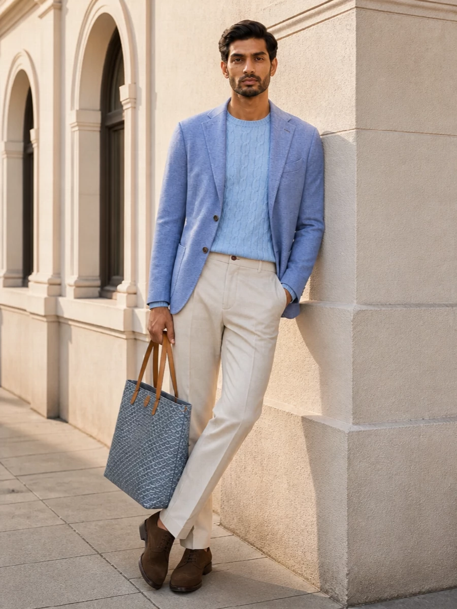 Etro blue blazer cream trousers suede derby